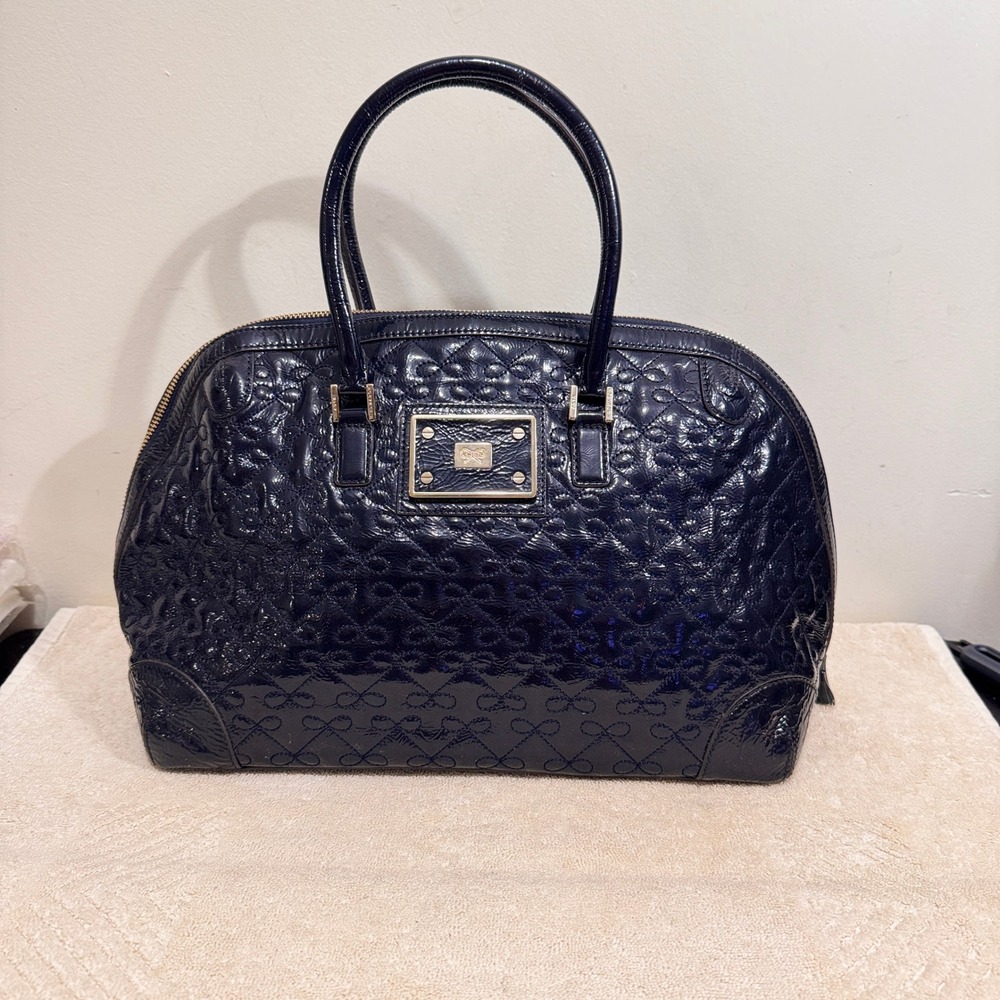 Anya Hindmarch Women's Navy Blue Patent Quilted Bow Satchel Handbag